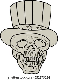 Drawing sketch style illustration of a skull of uncle sam wearing top hat viewed from front set on isolated white background. 