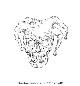 Drawing sketch style illustration skull of a medieval  jester, court jester,professional joker or fool, an entertainer during the medieval and Renaissance era, on isolated background.