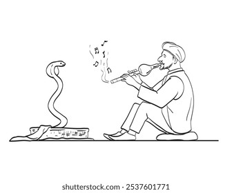 Drawing sketch style illustration of a Snake Charmer with flute and dancing cobra on isolated background done in black and white line art.