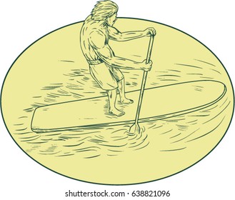 Drawing sketch style illustration of a surfer dude on a stand up paddle board holding oar paddling set inside oval shape viewed from top angle. 