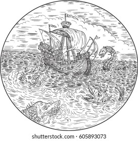 Drawing sketch style illustration of a tall ship sailing in turbulent ocean sea with serpents and sea dragons around set inside circle done in black and white. 