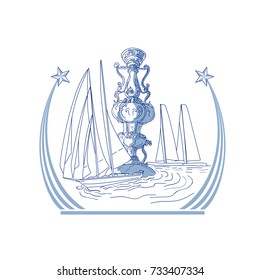 Drawing sketch style illustration of three Yacht Club match racing sailing in background and meteor comet star with tail on isolated background.