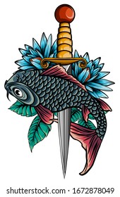 Drawing sketch style illustration of a trout fish and a cook's knife viewed