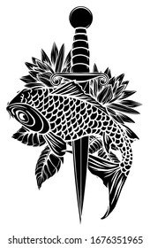 Drawing sketch style illustration of a trout fish and a cook's knife viewed