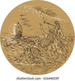 Drawing sketch style illustration of two sirens on an island waving calling a tall ship set inside circle with full moon in the background. 