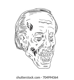 Drawing sketch style illustration of a undead Zombie with Head Eyes Closed on isolated background done in black and white.