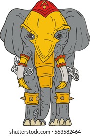 Drawing sketch style illustration of a war elephant with armor and chains viewed from front set on isolated white background. 