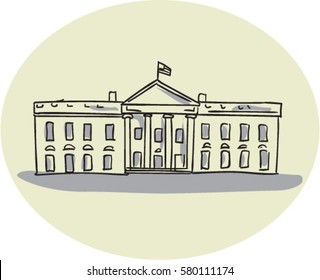 Drawing sketch style illustration of the White House building set inside oval shape viewed from front set on isolated background. 