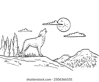 Drawing sketch style illustration of a wolf, coyote or wild dog howling at moon with mountain on isolated background done in black and white ilne art.