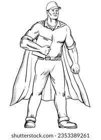 Dibujar una ilustración de estilo de dibujo de un trabajador como superhéroe usando una capa y sosteniendo un portapapeles de pie visto desde el frente sobre fondo blanco aislado en blanco y negro.