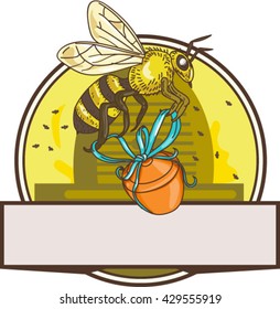 Drawing sketch style illustration of a worker honey bee carrying a honey pot with ribbon with skep in the background set inside circle. 