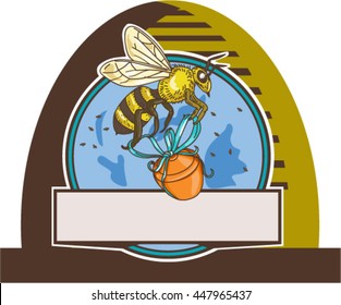 Drawing sketch style illustration of a worker honey bee carrying a honey pot with ribbon viewed from the side set inside circle in a skep. 