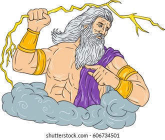 Drawing sketch style illustration of Zeus, Greek god of the sky and ruler of the Olympian gods wielding holding a thunderbolt lightning looking to the side set on isolated white background. 