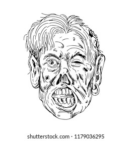 Drawing sketch style illustration of a zombie head, a fictional undead with eyes rolling and mouth chewing viewed from front on isolated background in black and white