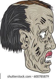 Drawing sketch style illustration of a zombie skull head viewed from the side set on isolated white background. 