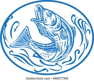 Drawing sketch style illustratoin of a rockfish  also called striped bass ,Morone saxatilis, Atlantic striped bass, striper, linesider, pimpfish or rock jumping up set inside oval shape.