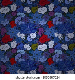 Drawing in sketch style on blue, black and neutral colors. Vector. Abstract seamless love pattern. Valentine':s day. Wrapping paper. Heart Doodle.