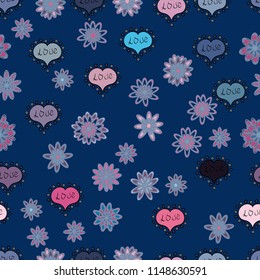 Drawing in sketch style on blue, neutral and black colors. Vector. Abstract seamless love pattern. Heart Doodle. Wrapping paper. Valentine's day.