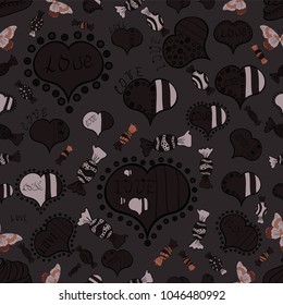 Drawing in sketch style on gray, black and beige colors. Vector. Wrapping paper. Wedding and invatation card concept. Valentine':s day. Seamless Love doodle romantic background vector with hearts.