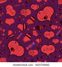 Drawing in sketch style on purple, pink, black colors. Background with hand drawn symbols. Seamless vector pattern with hearts. Template for wrapping, decor, surface, backgrounds, textile, print.