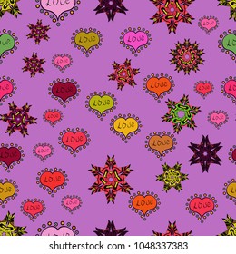 Drawing in sketch style on violet, black and pink colors. Vector. Valentine':s day. Wrapping paper. Wedding and invatation card concept. Seamless Love doodle romantic background vector with hearts.