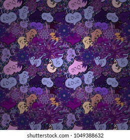 Drawing in sketch style on violet, blue and purple colors. Seamless vector pattern with hearts. Template for wrapping, decor, surface, cards, textile, print. Background with hand drawn symbols.