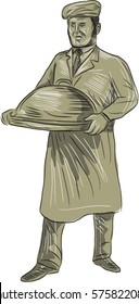 Drawing sketch style of a Victorian waiter holding serving food in a platter set on isolated white background. 