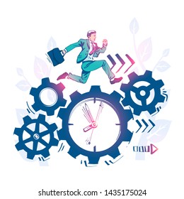Drawing sketch time management, control. Vector illustration cartoon design. Isolated on background. Businessman run along gear in form of clock. Organization of process. 