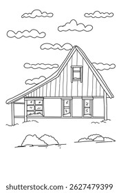 Desenho esboço linha branca e preta da casa de madeira na neve. Livro de cores de desenho da natureza
