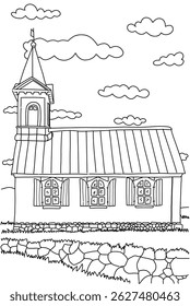 Desenho esboço linha branca e preta da casa com torre alta e belo céu. Livro de cores de desenho da natureza