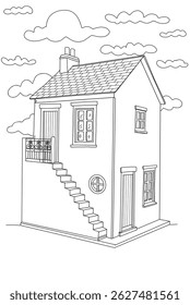 Desenho esboço linha branca e preta da casa com escadas e céu bonito. Livro de cores de desenho da natureza