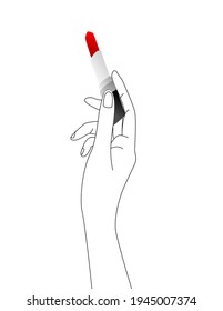 Drawing sketch woman hand holding red lipstick for applying isolated on white background.
