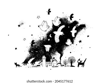 Drawing from sketchbook  Black sky  flying birds   the village  Night monster  
Hand drawing isolated objects white background  Vector illustration  