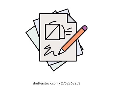 Drawing sketches and technical diagrams on sheets of paper with a pencil