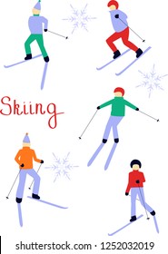 Drawing of skiing people. Christmas illustration. Winter sports.