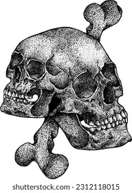 drawing of a skull, art for application on a T-shirt. a black skull with a bone. gloomy drawing