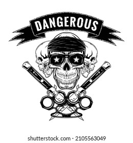 Drawing of a skull in a bandana on the background of brass knuckles and flick knives. Youth underground culture. Dead head. Grange style. Vector illustration for t shirt print. Dangerous. Black tattoo