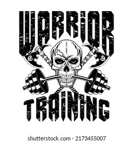 Drawing of a skull with dumbbell in the teeth against the background of axes. Warrior training. Vector illustration for t shirt print. Hand drawn sport logos, badges, labels. Poster.