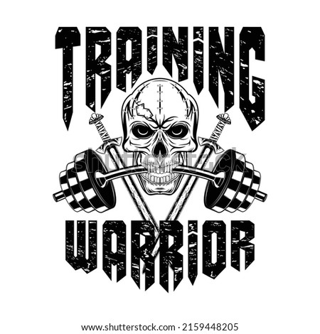 Drawing of a skull with dumbbell in the teeth against the background of swords. Warrior training. Vector illustration for t shirt print. Hand drawn sport logos, badges, labels. Poster.