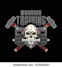 Drawing of a skull with dumbbell in the teeth and a sports sledgehammer. Warrior training. Illustrations for t shirt print. Hand drawn sport logos, badges, labels. Poster.