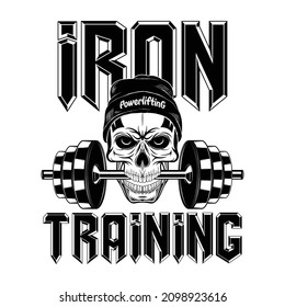 Drawing of a skull with dumbbells in the teeth. Iron sport. Bodybuilding. Powerlifting. Vector illustration for t shirt print, textiles. Hand drawn sport logos, badges, labels. Poster.