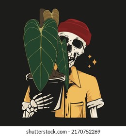 Drawing skull holding potted
