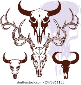 A drawing of a skull with horns and horns. Vector Bull, Deer Animals Skull Silhouette