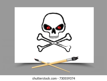 Drawing skull with red eyes on white paper. Education paintbrush draw danger. Symbol of pirates. Toxic poison sign logo. Lesson study learn teach the hazard dangerous