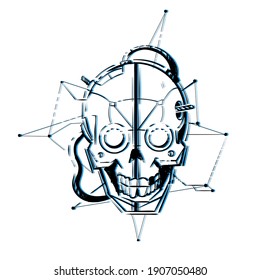 Drawing of a skull in the style of cyberpunk sci-fi