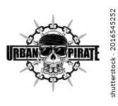 A drawing of a skull in sunglasses with brass knuckles in its teeth against a background of switchblades. Vector illustration for t shirt print. Black tattoo. Poster of a urban pirate.