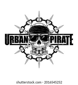 A drawing of a skull in sunglasses with brass knuckles in its teeth against a background of switchblades. Vector illustration for t shirt print. Black tattoo. Poster of a urban pirate.