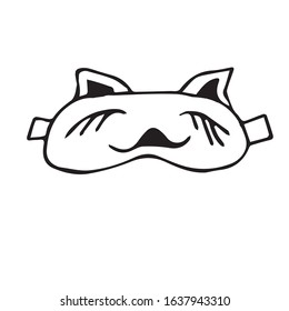 Drawing of a sleep mask in the shape of a cute sleeping cat's face. Drawing in the style of doodles. Isolated on a white background.