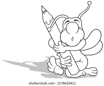 Drawing of a Sleeping Beetle Hugging a Crayon - Cartoon Illustration Isolated on White Background, Vector
