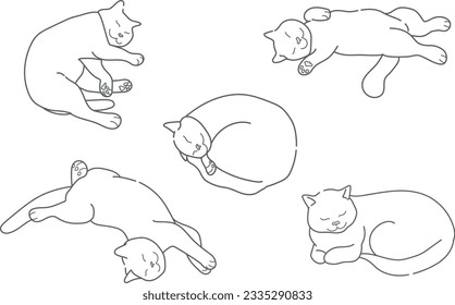 Сontour drawing of a sleeping cat in various poses. Cat is sleeping in different positions. Empty contour isolated on a white background. Vector illustration